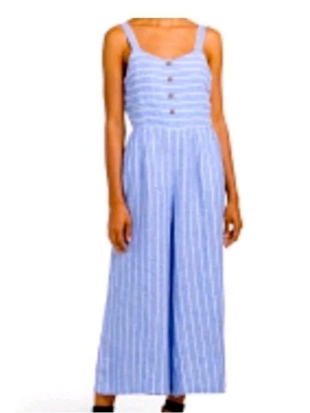 "C&C California Womens XS Striped Linen Wide Leg Jumpsuit Smocked Blue White"